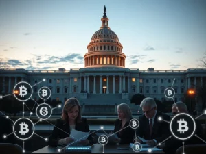 US senators discuss CLARITY Act crypto legislation with blockchain visualization in Capitol background