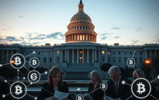 US senators discuss CLARITY Act crypto legislation with blockchain visualization in Capitol background