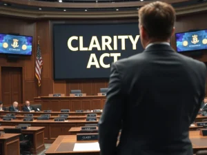 Goldman Sachs CEO David Solomon discusses CLARITY Act hurdles for cryptocurrency tokenization and stablecoin regulation.