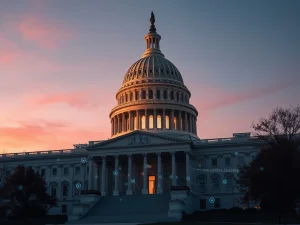 US Capitol with cryptocurrency symbols representing CLARITY Act legislation and stablecoin regulation debate