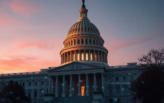 US Capitol with cryptocurrency symbols representing CLARITY Act legislation and stablecoin regulation debate