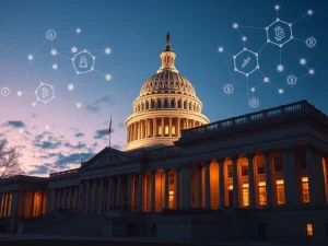 US Capitol building with blockchain overlay representing CLARITY Act crypto regulation markup