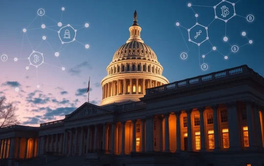 US Capitol building with blockchain overlay representing CLARITY Act crypto regulation markup
