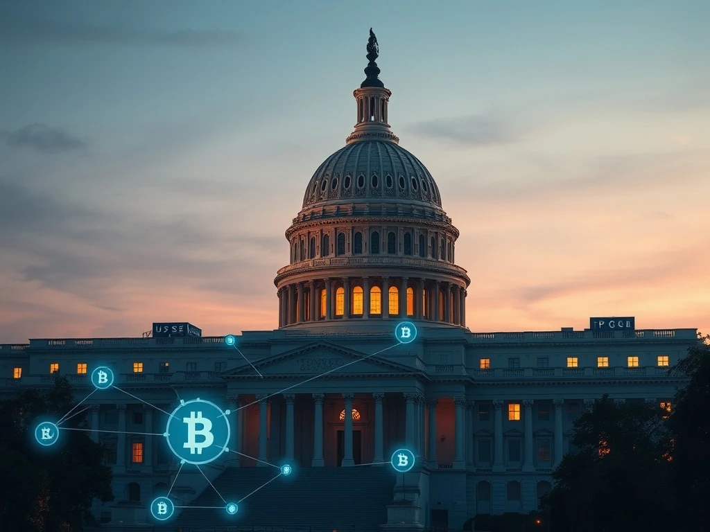CLARITY Act stablecoin regulation progress at U.S. Capitol with blockchain visualization