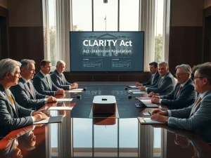 Trump administration officials mediate CLARITY Act negotiations between banking and cryptocurrency industry executives in Washington D.C.