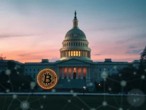US Capitol with cryptocurrency symbols representing Coinbase CEO's market structure bill testimony