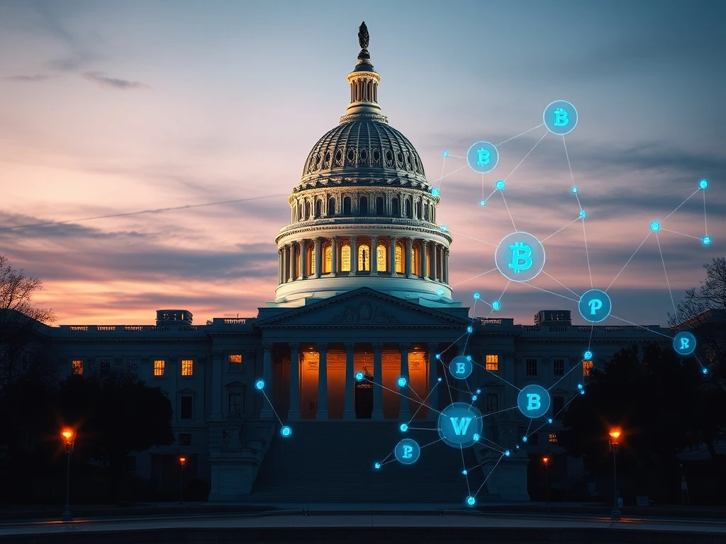 US Capitol with cryptocurrency overlay representing CLARITY Act legislation battle over stablecoin rewards