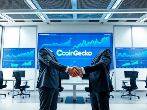 Business professionals negotiating the CoinGecko sale with cryptocurrency data charts in the background.