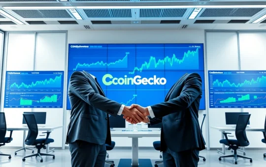 Business professionals negotiating the CoinGecko sale with cryptocurrency data charts in the background.