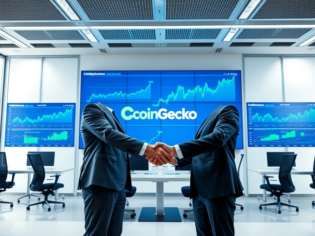Business professionals negotiating the CoinGecko sale with cryptocurrency data charts in the background.