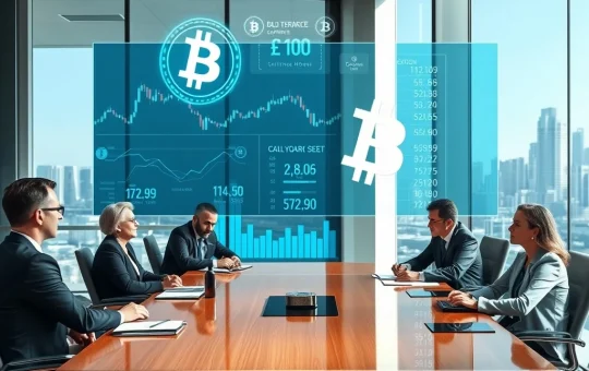 Corporate executives analyzing Bitcoin investment strategies and digital asset treasury management in boardroom setting