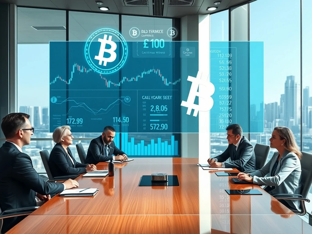 Corporate executives analyzing Bitcoin investment strategies and digital asset treasury management in boardroom setting