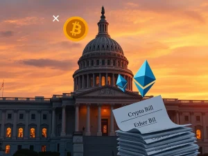 US Capitol with cryptocurrency symbols illustrating legislative delay for crypto bill