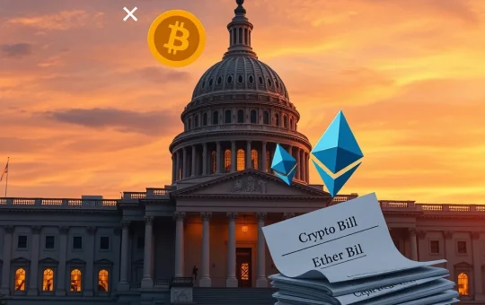 US Capitol with cryptocurrency symbols illustrating legislative delay for crypto bill
