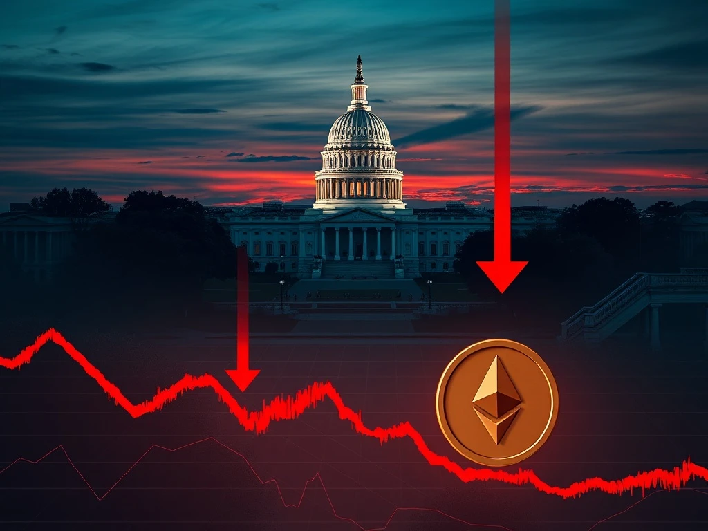 Crypto market crash visualized as charts fall amid US Capitol backdrop during government shutdown fears.