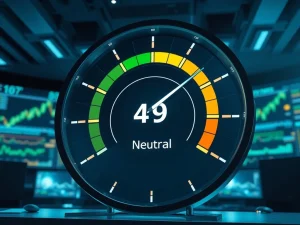 The Crypto Fear & Greed Index needle points to 49, indicating a shift to neutral market sentiment.