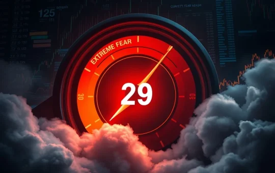 Crypto Fear & Greed Index gauge shows shift from Extreme Fear to Fear at level 29, indicating changing market sentiment.