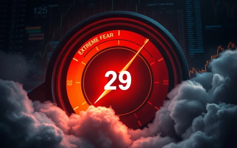 Crypto Fear & Greed Index gauge shows shift from Extreme Fear to Fear at level 29, indicating changing market sentiment.