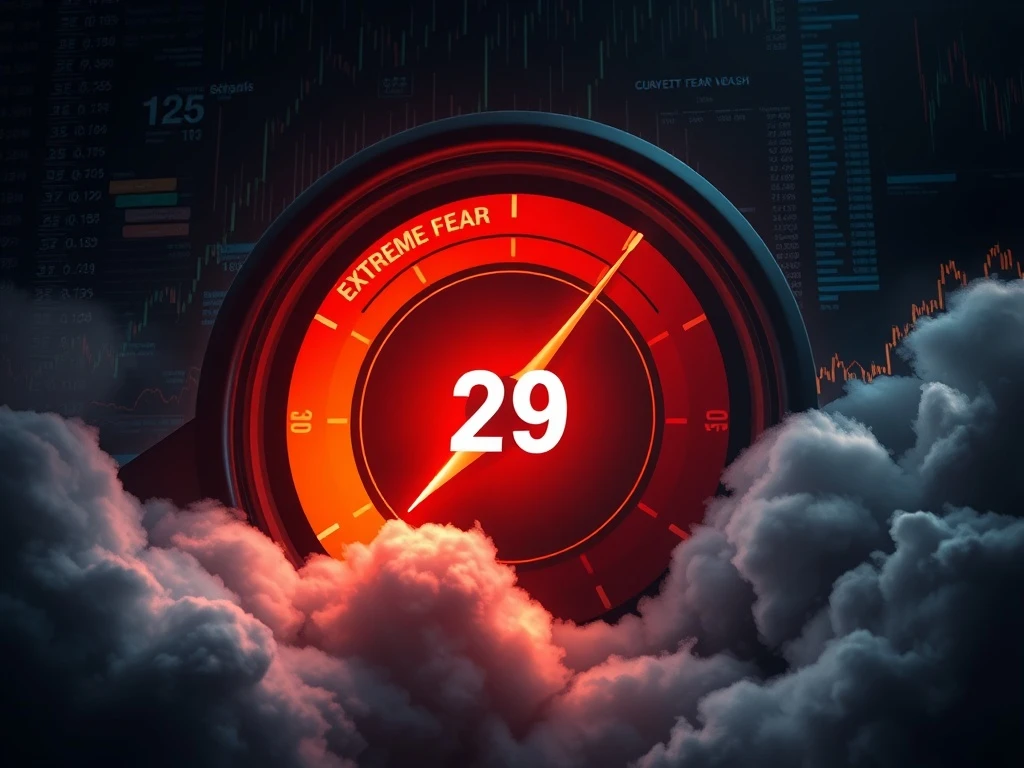 Crypto Fear & Greed Index gauge shows shift from Extreme Fear to Fear at level 29, indicating changing market sentiment.