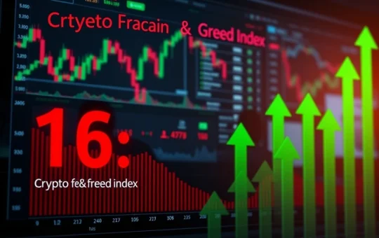 Crypto Fear & Greed Index at extreme fear level of 16 with Bitcoin market analysis data visualization