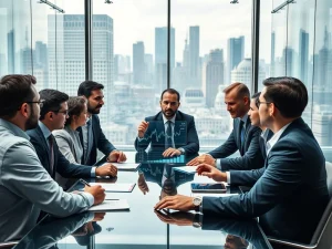 Institutional investors analyzing crypto funding and onchain finance data during business meeting