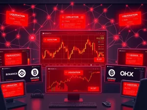 Cryptocurrency trading dashboard showing $130 million futures liquidations across major exchanges during market volatility