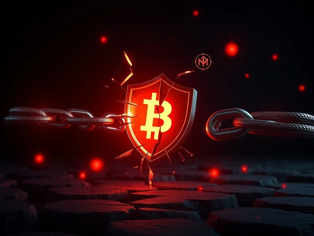 Illustration of broken blockchain security and the devastating failure rate of crypto hack recovery.