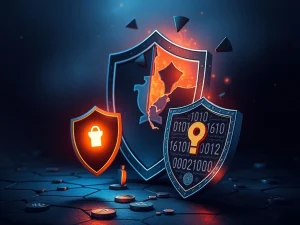 Illustration showing fragmented blockchain security with 80% of crypto projects failing to recover after hacks