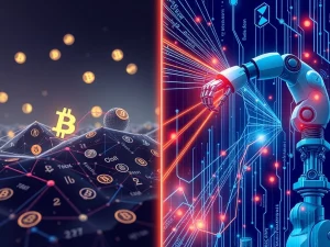 Illustration showing capital shifting from cryptocurrency to AI and robotics investment in 2025