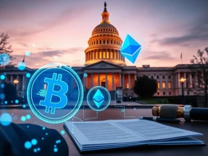 Crypto market structure bill legislative debate at U.S. Capitol with digital asset symbols