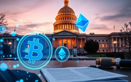 Crypto market structure bill legislative debate at U.S. Capitol with digital asset symbols