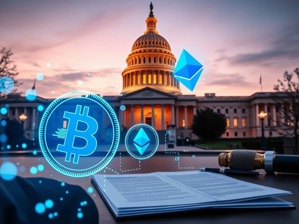 Crypto market structure bill legislative debate at U.S. Capitol with digital asset symbols