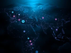 Visualization of cryptocurrency money laundering flows exceeding $82 billion by 2025 targeting global financial systems.