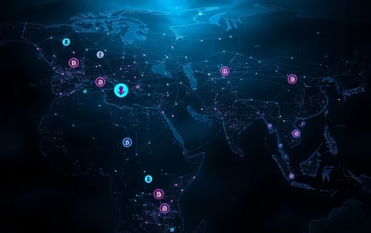 Visualization of cryptocurrency money laundering flows exceeding $82 billion by 2025 targeting global financial systems.