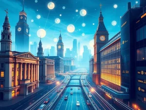 Blockchain technology connecting traditional finance and cryptocurrency markets for global settlement.