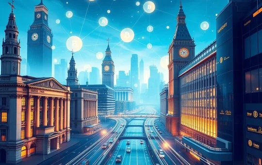 Blockchain technology connecting traditional finance and cryptocurrency markets for global settlement.