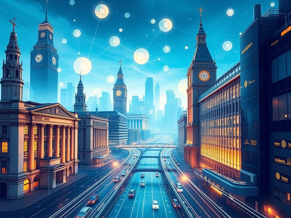 Blockchain technology connecting traditional finance and cryptocurrency markets for global settlement.