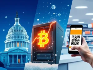 Visual summary of today's crypto news featuring US regulation, Bitcoin mining, and payment adoption trends.