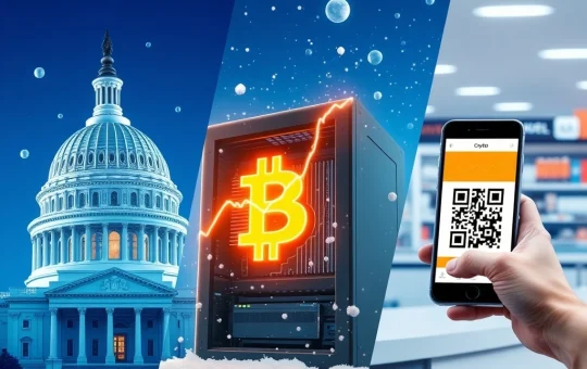 Visual summary of today's crypto news featuring US regulation, Bitcoin mining, and payment adoption trends.