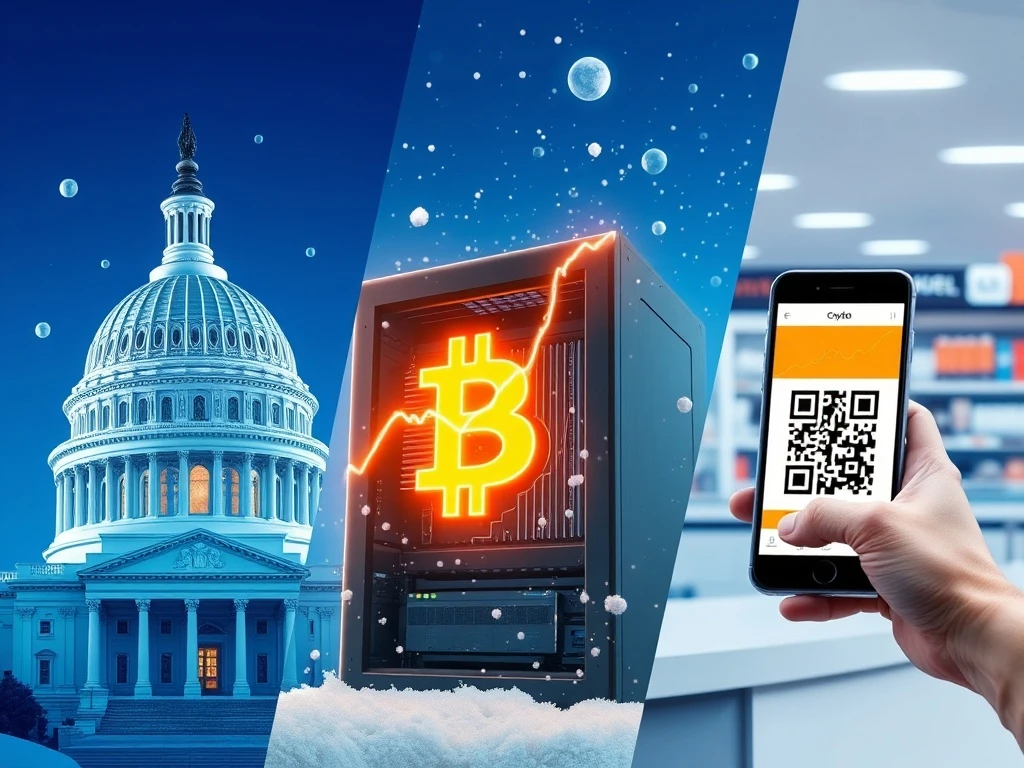 Visual summary of today's crypto news featuring US regulation, Bitcoin mining, and payment adoption trends.