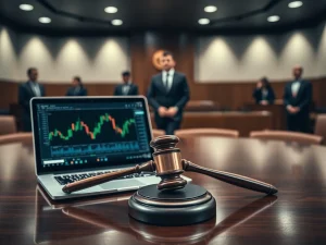 Cryptocurrency money laundering case results in a $17 million fraud sentencing in a courtroom setting.
