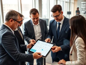 Business executives analyzing cryptocurrency payment adoption data and blockchain transaction trends