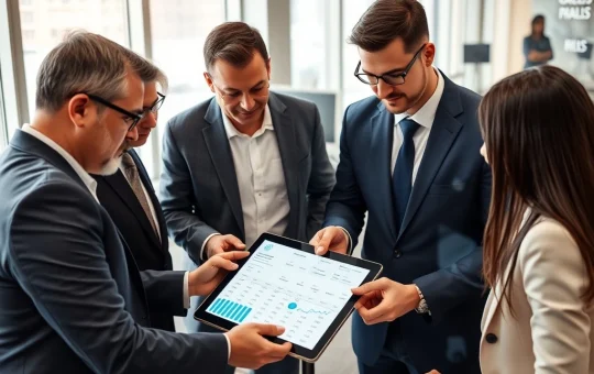 Business executives analyzing cryptocurrency payment adoption data and blockchain transaction trends