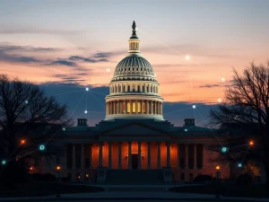 US Capitol building with blockchain overlay representing DeFi CLARITY Act regulatory debate