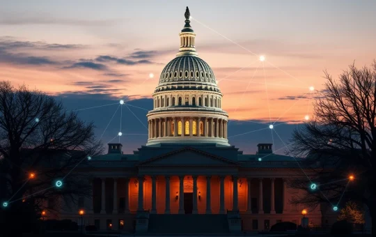 US Capitol building with blockchain overlay representing DeFi CLARITY Act regulatory debate