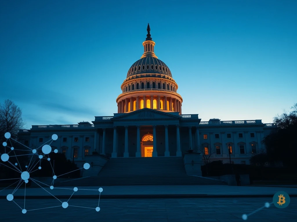 US Capitol building with digital asset symbols representing crypto market structure bill ethics amendments