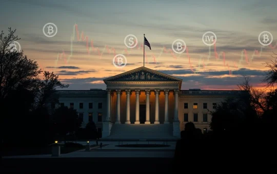 US Department of Justice building with cryptocurrency conflict of interest allegations overlay