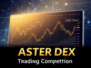 DEX ASTER trading competition interface showing commodity pair charts and OI score metrics