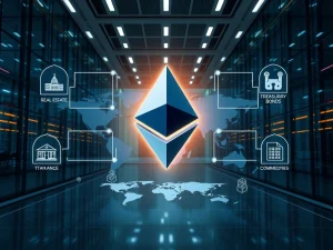 Ethereum blockchain visualized as the core platform for global institutional tokenization of real-world assets.