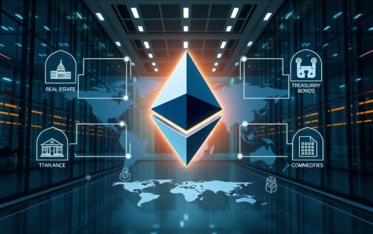 Ethereum blockchain visualized as the core platform for global institutional tokenization of real-world assets.
